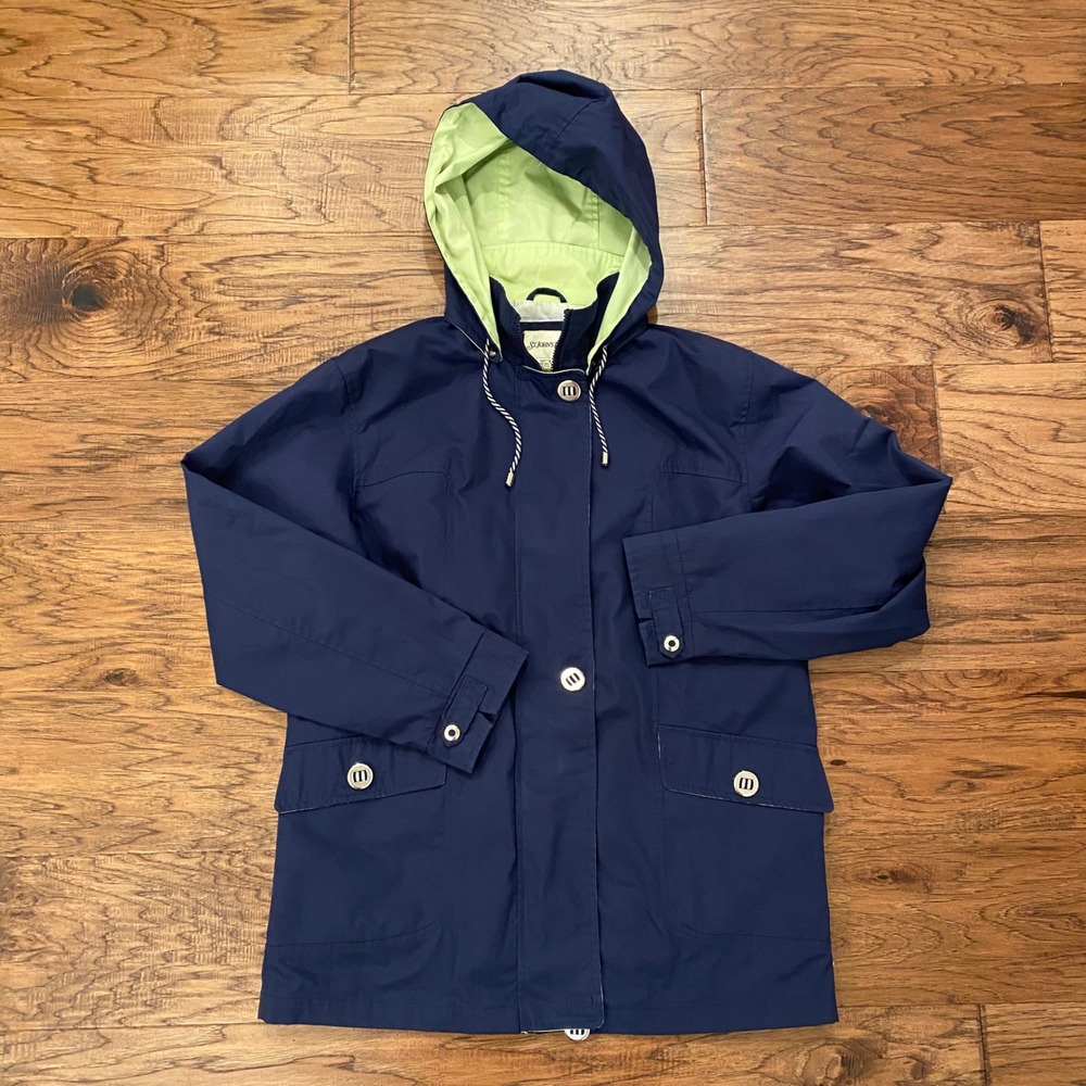 St. John's Bay Rain Jacket Women Medium Navy Blue Lime Green Hooded Full Zip